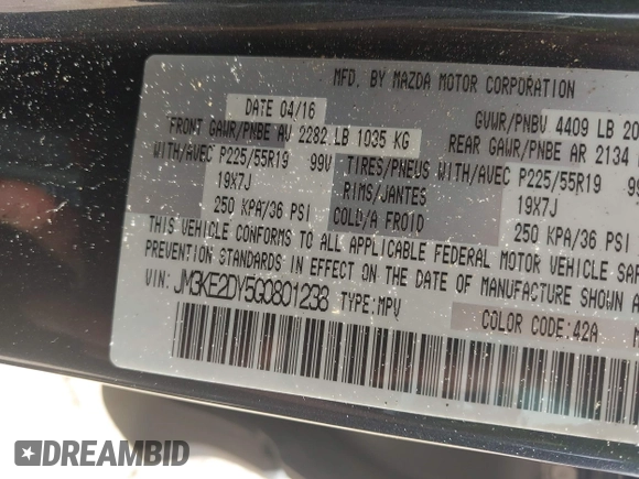 2016 Mazda CX-5 Grand Touring z VIN JM3KE2DY5G0801238, wystawiony jako IAAI lot #42264694 z przebiegiem 136 993 mil mil oraz . Historia ofert i sprzedaży dostępna na DreamBid. Obrazek 9.