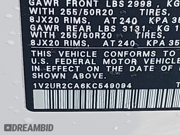 2019 Volkswagen Atlas SE with VIN 1V2UR2CA6KC549094, listed as a IAAI auction lot 42385802 with 61,718 mi miles and . Bid and sale history available at DreamBid. Image 9.
