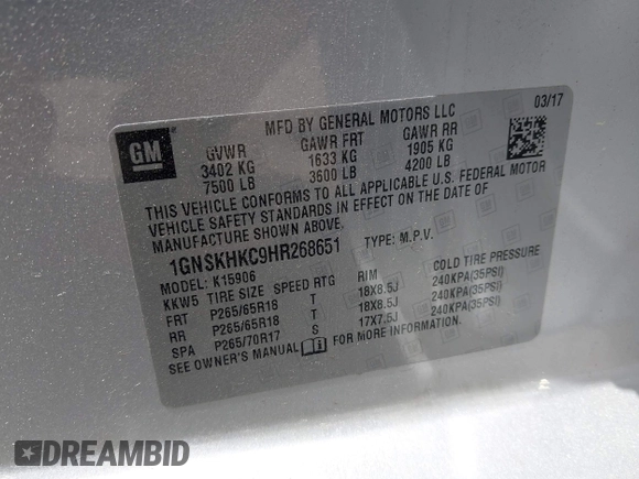 2017 Chevrolet Suburban LT z VIN 1GNSKHKC9HR268651, wystawiony jako IAAI lot #42125406 z przebiegiem 174 451 mil mil oraz . Historia ofert i sprzedaży dostępna na DreamBid. Obrazek 9.