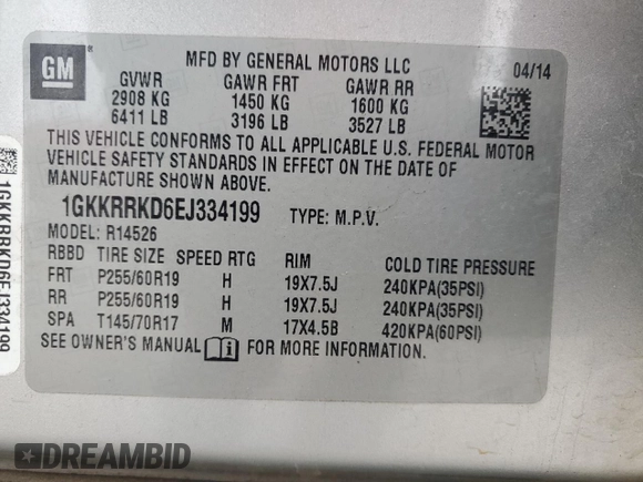 2014 GMC Acadia SLT with VIN 1GKKRRKD6EJ334199, listed as a Copart auction lot 88115415 with 255,096 mi miles and Salvage Title. Bid and sale history available at carsss.com. Image 13.