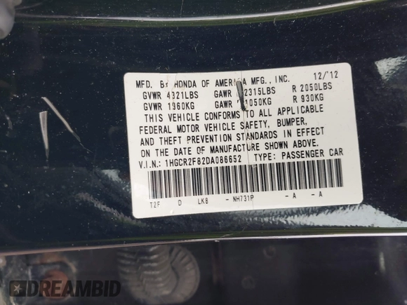 2013 Honda Accord Sdn EX-L with VIN 1HGCR2F82DA086652, listed as a IAAI auction lot 41757842 with 104,999 mi miles. Bid and sale history available at carsss.com. Image 9.