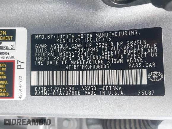 2015 Toyota Camry XLE with VIN 4T1BF1FK0FU960051, listed as a IAAI auction lot 42125452 with 117,047 mi miles and . Bid and sale history available at DreamBid. Image 9.