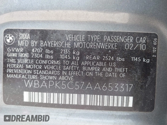 2010 BMW 3 Series 328i xDrive with VIN WBAPK5C57AA653317, listed as a IAAI auction lot 41997460 with 173,192 mi miles and . Bid and sale history available at DreamBid. Image 9.