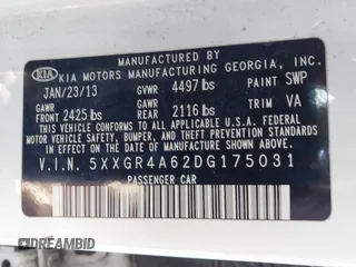 2013 Kia Optima SX with VIN 5XXGR4A62DG175031, listed as a IAAI auction lot 41835113 with 186,084 mi miles. Bid and sale history available at carsss.com. Image 9.