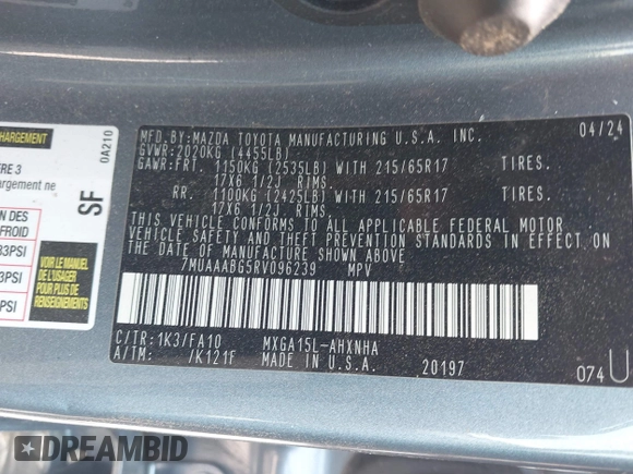 2024 Toyota Corolla Cross L with VIN 7MUAAABG5RV096239, listed as a IAAI auction lot 42105087 with 13,747 mi miles and . Bid and sale history available at DreamBid. Image 9.