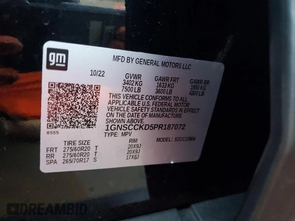 2023 Chevrolet Suburban LT with VIN 1GNSCCKD5PR187072, listed as a Copart auction lot 81992853 with 21,273 mi miles and Salvage Title. Bid and sale history available at DreamBid. Image 13.