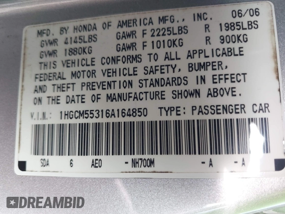 2006 Honda Accord LX SE with VIN 1HGCM55316A164850, listed as a IAAI auction lot 42143778 with 239,839 mi miles and . Bid and sale history available at DreamBid. Image 9.