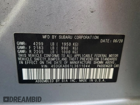 2020 Subaru Impreza with VIN 4S3GKAB61L3611044, listed as a Copart auction lot 48131045 with 62,757 mi miles and Salvage title. Bid and sale history available at DreamBid. Image 12.