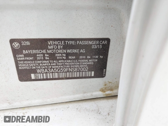 2015 BMW 3 Series 328i с VIN WBA3A5G59FNS87002, выставлен на аукционе IAAI как лот 42366574 с пробегом 173 359 миль миль и . История ставок и продаж доступна на DreamBid. Изображение 9.