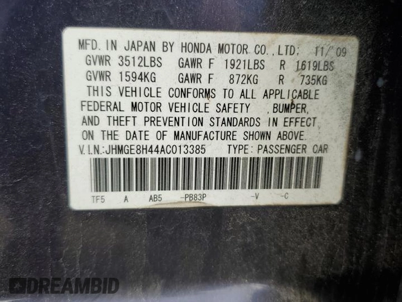 2010 Honda Fit Sport with VIN JHMGE8H44AC013385, listed as a Copart auction lot 63216515 with 228,358 mi miles and Salvage title. Bid and sale history available at DreamBid. Image 12.