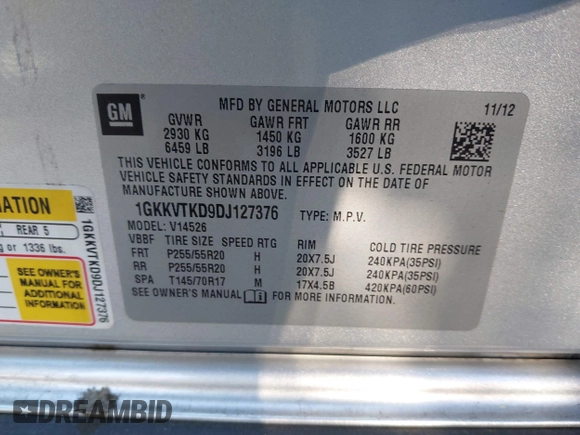 2013 GMC Acadia Denali with VIN 1GKKVTKD9DJ127376, listed as a IAAI auction lot 41876105 with 185,495 mi miles. Bid and sale history available at carsss.com. Image 9.