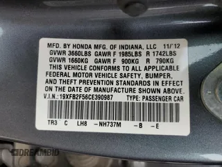 2012 Honda Civic LX z VIN 19XFB2F56CE390987, wystawiony jako Copart lot #56753635 z przebiegiem 81 832 mil mil oraz Szkoda całkowita • Salvage title. Historia ofert i sprzedaży dostępna na DreamBid. Obrazek 13.
