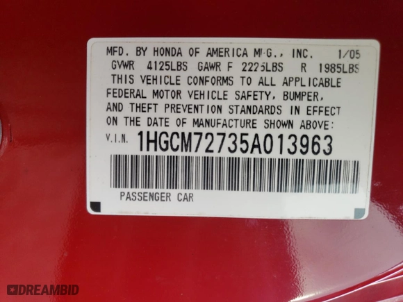 2005 Honda Accord Cpe EX with VIN 1HGCM72735A013963, listed as a Copart auction lot 84878484 with NaN miles and Clean Title. Bid and sale history available at carsss.com. Image 12.