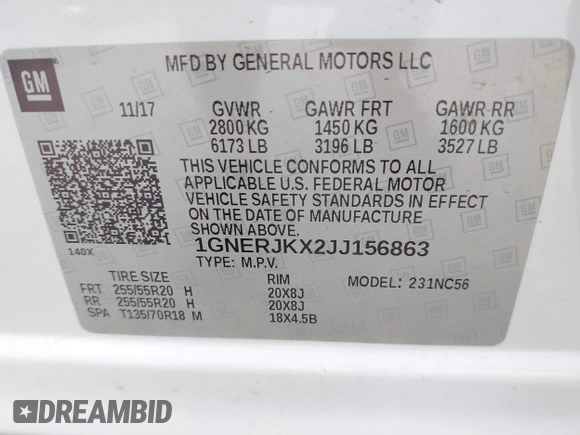2018 Chevrolet Traverse RS with VIN 1GNERJKX2JJ156863, listed as a IAAI auction lot 38521232 with 72,514 mi miles. Bid and sale history available at carsss.com. Image 9.