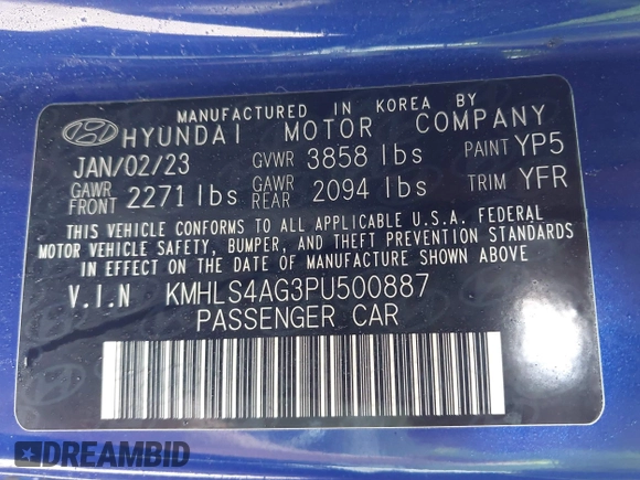 2023 Hyundai Elantra SEL with VIN KMHLS4AG3PU500887, listed as a IAAI auction lot 41908373 with 35,067 mi miles and . Bid and sale history available at DreamBid. Image 9.