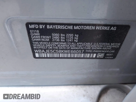 2019 BMW 5 Series 540i with VIN WBAJE5C58KWE66057, listed as a IAAI auction lot 41721886 with 119,712 mi miles and . Bid and sale history available at DreamBid. Image 9.