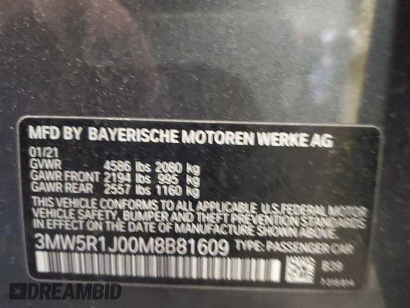 2021 BMW 3 Series 330i z VIN 3MW5R1J00M8B81609, wystawiony jako Copart lot #58311755 z przebiegiem 63 666 mil mil oraz Szkoda całkowita • Salvage title. Historia ofert i sprzedaży dostępna na DreamBid. Obrazek 12.