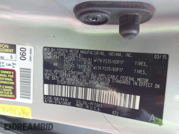 2015 Toyota Sienna L with VIN 5TDZK3DCXFS596277, listed as a IAAI auction lot 41229427 with 108,900 mi miles and . Bid and sale history available at DreamBid. Image 9.