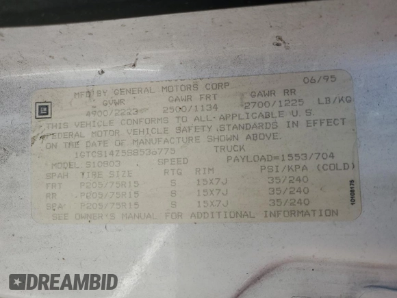 1995 GMC Sonoma z VIN 1GTCS14Z5S8536775, wystawiony jako Copart lot #77086374 z przebiegiem 70 419 mil mil oraz Tytuł czysty. Historia ofert i sprzedaży dostępna na DreamBid. Obrazek 12.