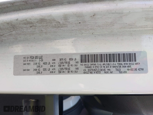2020 Ram ProMaster Cargo with VIN 3C6TRVAG7LE130145, listed as a IAAI auction lot 42103391 with 91,501 mi miles and . Bid and sale history available at DreamBid. Image 9.