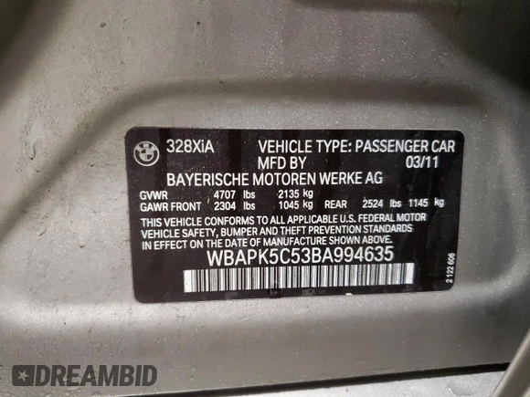2011 BMW 3 Series 328i xDrive z VIN WBAPK5C53BA994635, wystawiony jako Copart lot #50235645 z przebiegiem 107 780 mil mil oraz Nie do naprawy • Non repairable. Historia ofert i sprzedaży dostępna na DreamBid. Obrazek 12.