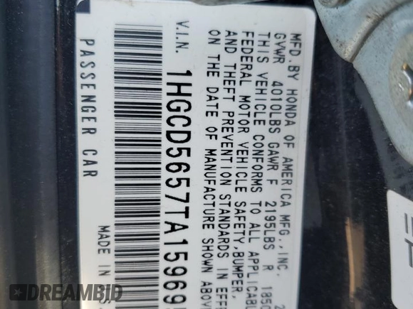 1996 Honda Accord EX with VIN 1HGCD5657TA159695, listed as a Copart auction lot 46241935 with 87,847 mi miles and Salvage Title. Bid and sale history available at DreamBid. Image 14.