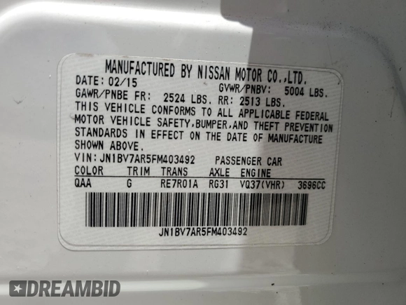 2015 Infiniti Q50 Premium with VIN JN1BV7AR5FM403492, listed as a Copart auction lot 61761195 with 135,134 mi miles and Salvage title. Bid and sale history available at DreamBid. Image 12.