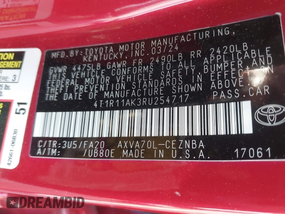 2024 Toyota Camry LE z VIN 4T1R11AK3RU254717, wystawiony jako IAAI lot #41709040 z przebiegiem 11 338 mil mil oraz . Historia ofert i sprzedaży dostępna na DreamBid. Obrazek 9.