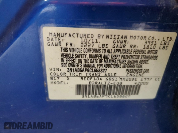 2012 Nissan Sentra S with VIN 3N1AB6AP9CL658827, listed as a Copart auction lot 58127275 with 156,802 mi miles and Salvage title. Bid and sale history available at DreamBid. Image 12.