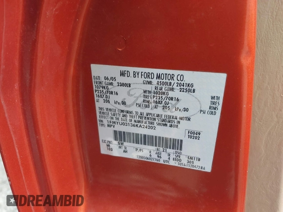 2006 Ford Escape XLT with VIN 1FMYU03136KA24202, listed as a IAAI auction lot 41591743 with Not provided miles and . Bid and sale history available at DreamBid. Image 9.