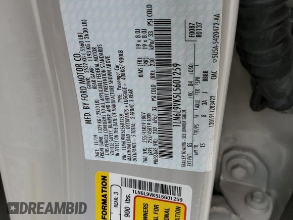 2020 Lincoln Continental Standard with VIN 1LN6L9VK5L5601259, listed as a Copart auction lot 87613025 with 50,186 mi miles and Salvage Title. Bid and sale history available at carsss.com. Image 14.
