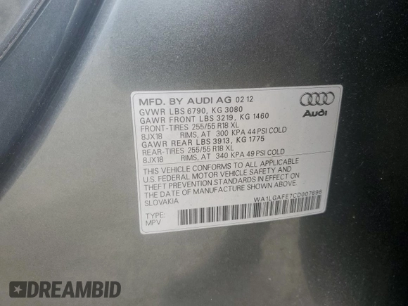 2012 Audi Q7 Premium Plus with VIN WA1LGAFE7CD007696, listed as a Copart auction lot 46757885 with 96,574 mi miles and Salvage title. Bid and sale history available at DreamBid. Image 14.