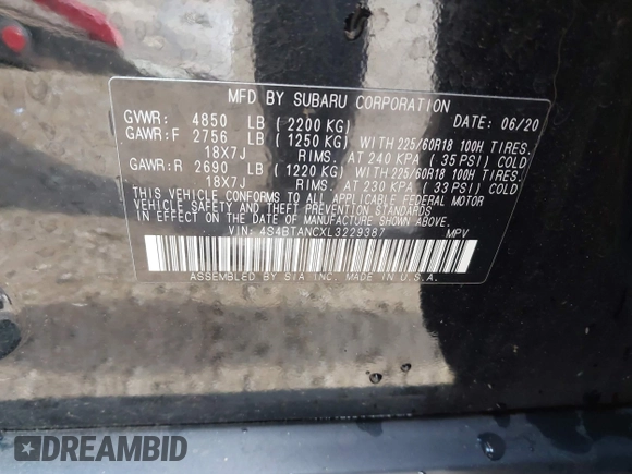 2020 Subaru Outback Limited z VIN 4S4BTANCXL3229387, wystawiony jako IAAI lot #42306582 z przebiegiem 35 358 mil mil oraz . Historia ofert i sprzedaży dostępna na DreamBid. Obrazek 9.