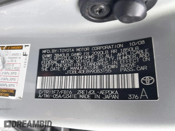 2009 Toyota Corolla with VIN JTDBL40E899083155, listed as a IAAI auction lot 41056942 with 294,132 mi miles. Bid and sale history available at carsss.com. Image 9.