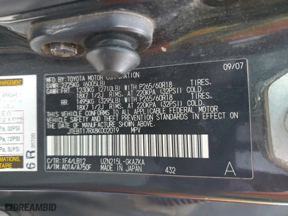 2008 Toyota 4Runner Limited with VIN JTEBT17RX8K002019, listed as a Copart auction lot 50978814 with 203,742 mi miles and Non Repairable. Bid and sale history available at carsss.com. Image 12.