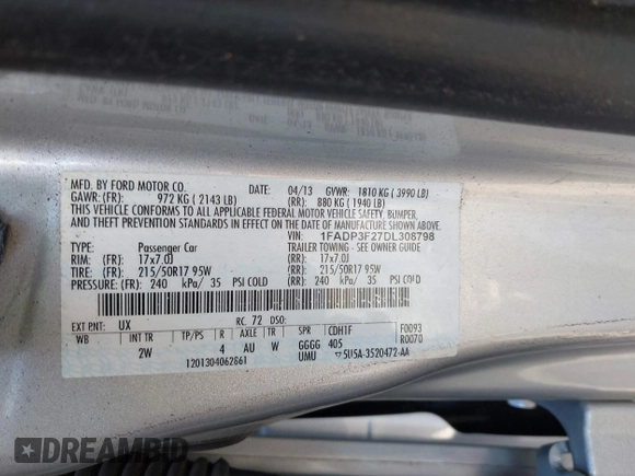 2013 Ford Focus SE with VIN 1FADP3F27DL308798, listed as a IAAI auction lot 41787683 with 158,581 mi miles. Bid and sale history available at carsss.com. Image 9.