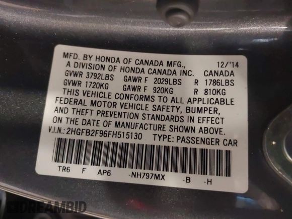 2015 Honda Civic EX-L with VIN 2HGFB2F96FH515130, listed as a IAAI auction lot 41624438 with 180,891 mi miles and . Bid and sale history available at DreamBid. Image 9.