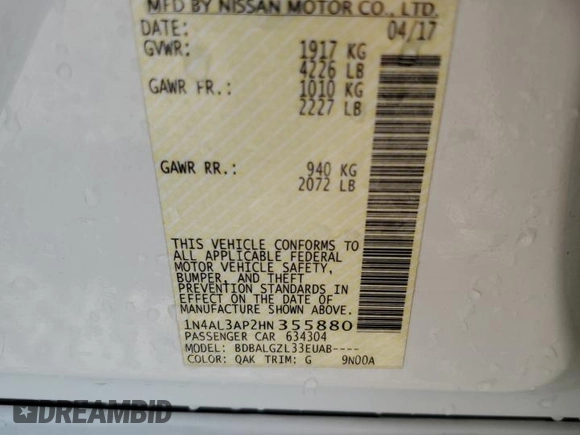2017 Nissan Altima S with VIN 1N4AL3AP2HN355880, listed as a Copart auction lot 58846325 with 103,974 mi miles and Salvage title. Bid and sale history available at DreamBid. Image 13.