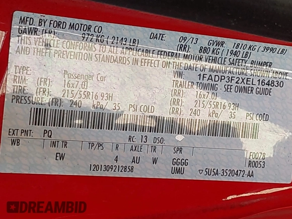 2014 Ford Focus SE with VIN 1FADP3F2XEL164830, listed as a IAAI auction lot 42073107 with 164,519 mi miles. Bid and sale history available at carsss.com. Image 9.