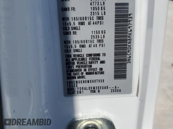 2021 Nissan NV200 SV with VIN 3N6CM0KN8MK697939, listed as a Copart auction lot 56544775 with 38,809 mi miles and Salvage title. Bid and sale history available at DreamBid. Image 13.