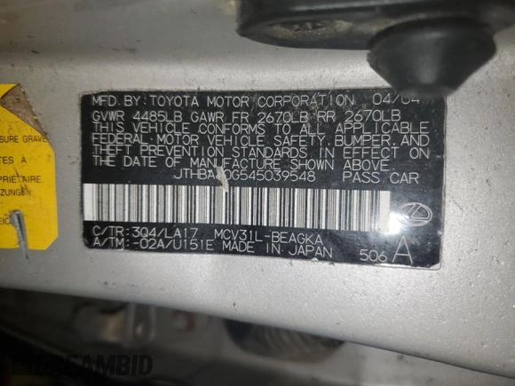2004 Lexus ES 350 with VIN JTHBA30G545039548, listed as a Copart auction lot 48372485 with 211,476 mi miles and Salvage Title. Bid and sale history available at DreamBid. Image 14.