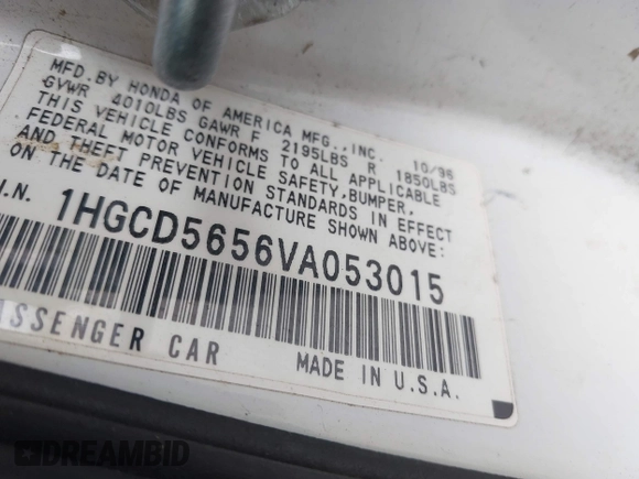 1997 Honda Accord EX with VIN 1HGCD5656VA053015, listed as a IAAI auction lot 41910174 with 167,363 mi miles and . Bid and sale history available at DreamBid. Image 9.