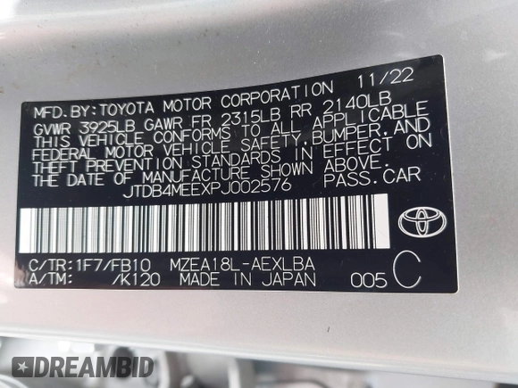 2023 Toyota Corolla LE with VIN JTDB4MEEXPJ002576, listed as a IAAI auction lot 41756334 with 22,919 mi miles and . Bid and sale history available at DreamBid. Image 9.