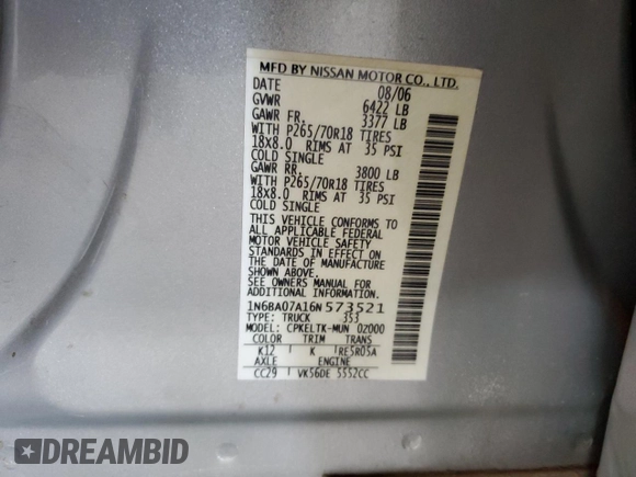 2006 Nissan Titan LE with VIN 1N6BA07A16N573521, listed as a Copart auction lot 51449665 with 158,613 mi miles and Clean Title. Bid and sale history available at DreamBid. Image 12.