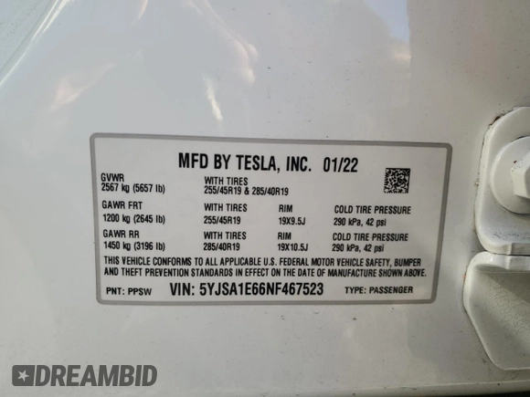 2022 Tesla Model S Plaid with VIN 5YJSA1E66NF467523, listed as a Copart auction lot 49731225 with Not Provided miles and Salvage Title. Bid and sale history available at DreamBid. Image 14.