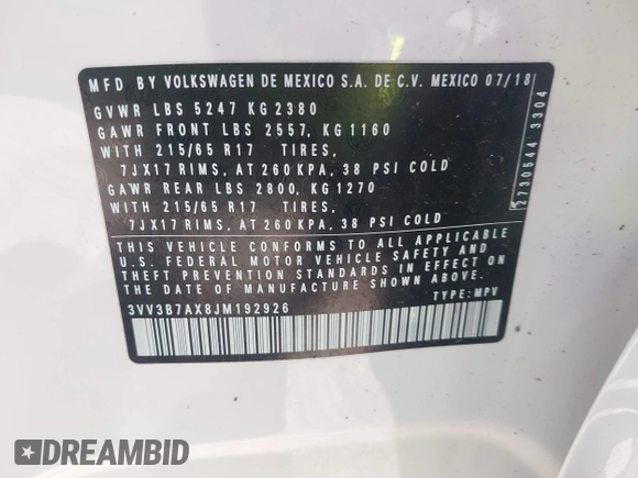 2018 Volkswagen Tiguan SEL with VIN 3VV3B7AX8JM192926, listed as a IAAI auction lot 42034229 with 16,656 mi miles and . Bid and sale history available at DreamBid. Image 9.