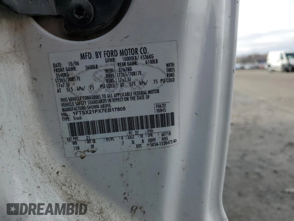 2007 Ford F-250 XL with VIN 1FTSX21PX7EB17805, listed as a Copart auction lot 83568084 with 237,111 mi miles and Clean Title. Bid and sale history available at DreamBid. Image 12.