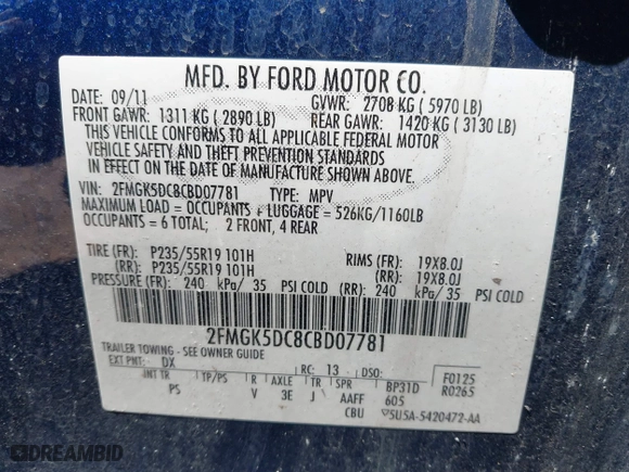 2012 Ford Flex Limited with VIN 2FMGK5DC8CBD07781, listed as a IAAI auction lot 41907723 with 182,124 mi miles. Bid and sale history available at carsss.com. Image 9.