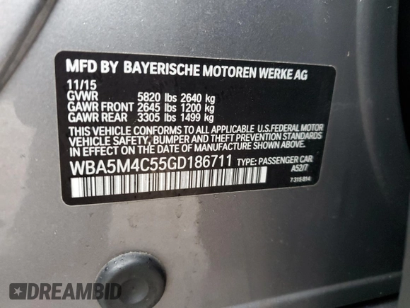 2016 BMW 5 Series GT 535i Gran Turismo xDrive with VIN WBA5M4C55GD186711, listed as a Copart auction lot 47700165 with 195,375 mi miles and Salvage Title. Bid and sale history available at DreamBid. Image 14.