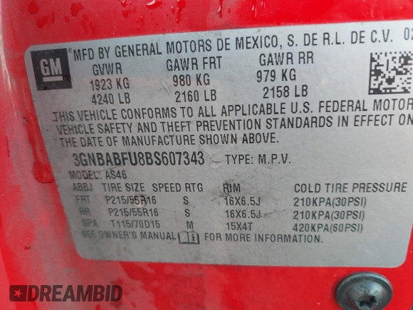 2011 Chevrolet HHR 1LT with VIN 3GNBABFU8BS607343, listed as a IAAI auction lot 41599688 with 108,941 mi miles and . Bid and sale history available at DreamBid. Image 9.